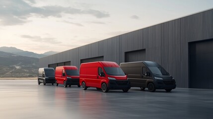 Obraz premium Fleet of red and black vans parked outside modern warehouse at dusk