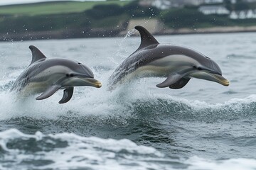 Obraz premium Playful Dolphins Jump Gracefully Above the Waves in Lively Coastal Waters. Generative AI