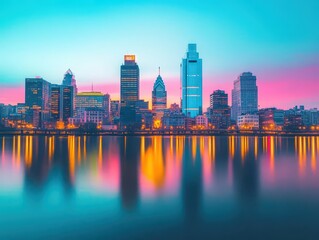 Fototapeta premium Urban skyline at dusk with reflective skyscrapers, vibrant yet calm