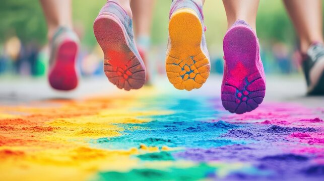 Vibrant festival scene with colorful powder footprints, joyful and lively tone