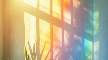 Sunlit wall with prismatic window shadows and plant silhouette.
