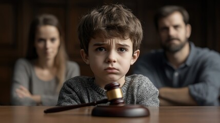 Fototapeta premium Sad boy sitting at a table in the background of his parents.