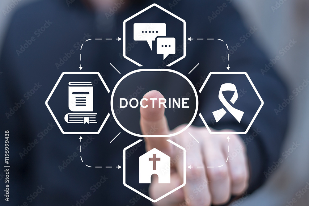 Fototapete man using virtual screen push text: doctrine. doctrine education concept. doctrine - body of teachin