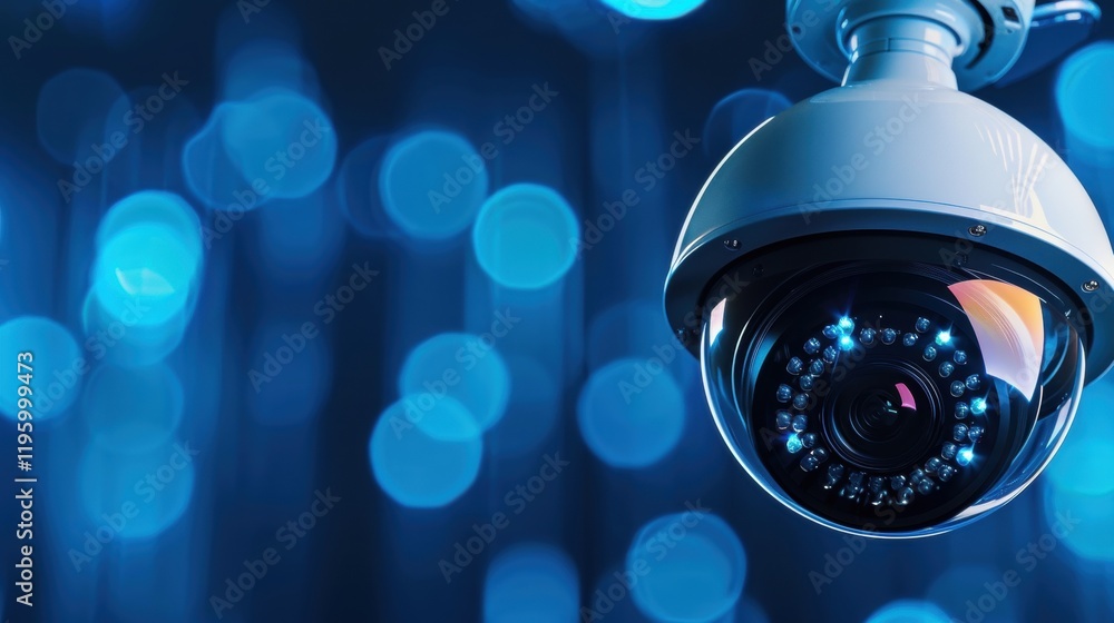 Poster a close-up of a surveillance camera against a backdrop of blue bokeh lights, emphasizing security an
