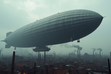 Fototapeta premium A massive iron airship flies above a bustling industrial city with tall smokestacks, black smoke, and red-brick factories under a cloudy gray sky
