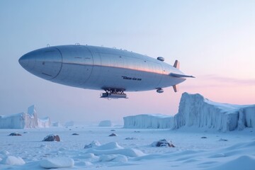 Fototapeta premium A sleek metallic airship hovers above a frozen tundra landscape with icy cliffs, snow-covered ground, and a pale pink and blue arctic sky at dawn