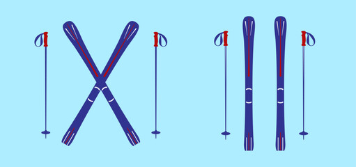Colorful blue skis and ski poles icon set on blue background. Winter sports equipment sign illustration to use for advert, ski pass, skiing competition, skiing design projects. 