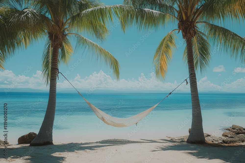 Poster hammock swaying gently between palm trees by the tranquil sea during clear sunny weather. generative