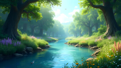 Obraz premium Nature's Harmony: Forest and River