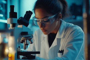 Medical Research Laboratory: Scientist Using Micropipette to Analyze Samples Under Microscope. Advanced Scientific Lab for Medicine, Biotechnology.