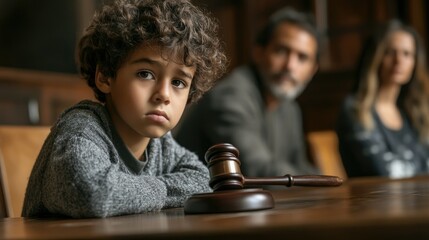 Sad boy sitting at a table in the background of his parents.