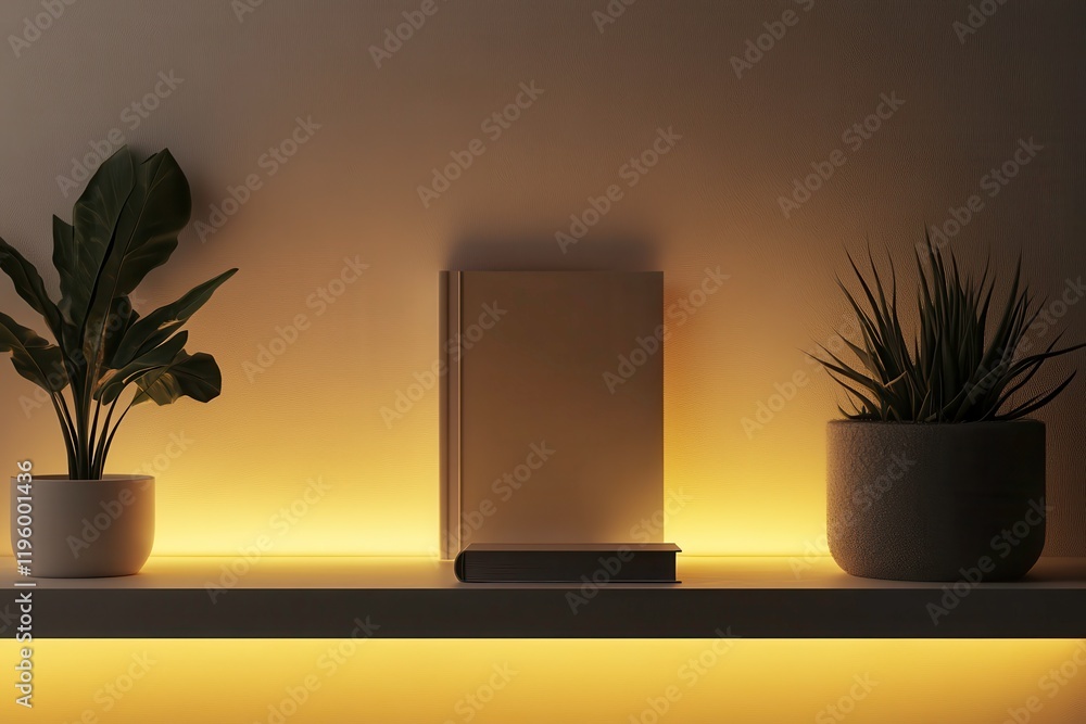 Poster stylish book mockup on a minimalist shelf with warm ambient lighting. generative ai