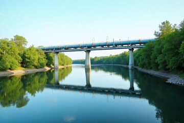 A gas pipeline crosses a river, supported by metal pylons, with lush green trees lining the banks. The sky is clear, reflecting the calm water below