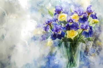 Beautiful Bouquet of Irises and Roses in Vase