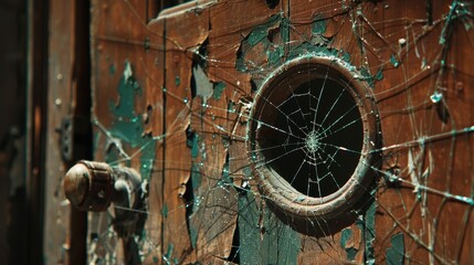 Fototapeta premium Shattered Glass in Antique Wooden Door, Cobwebs and Decay.