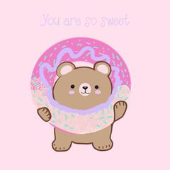 Cute vector cartoon bear holding sweet donut, t shirt print 