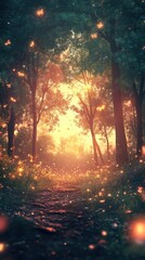Enchanted Forest Path With Butterflies And Fireflies