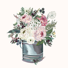 Floral vector illustration with blooming vintage roses and plants