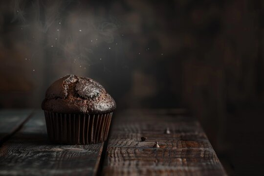 Rich chocolate muffin releasing steam on a rustic wooden table, capturing the cozy atmosphere of a freshly baked delight - Powered by Adobe