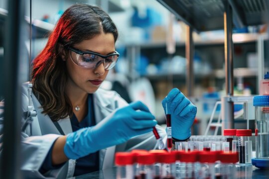 Focused lab worker with protective gear handling blood tests in a modern laboratory setting