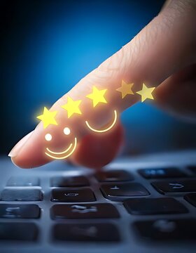 A finger selects a happy face with five stars on a laptop