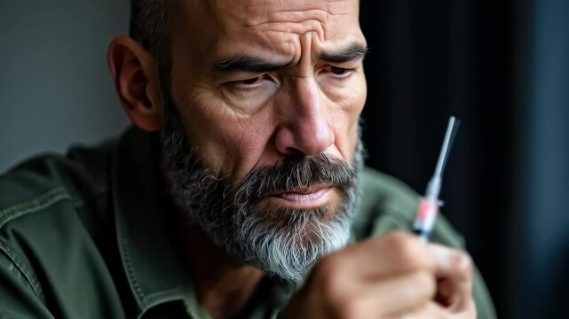 Serious Middle-Aged Man Holding a Syringe with a Thoughtful Expression, Reflecting on Medical Choices and Health Decisions