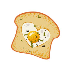 Fried egg in heart shape in bread. Delicious toast with egg. Romantic breakfast cooked with love. Hand drawing vector illustration for Valentines day stickers, cards, banners, and social media.
