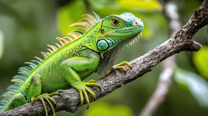 Fototapeta premium Green Iguana Perched on a Branch