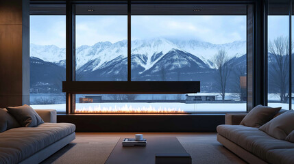 Winter snow-covered mountain views, cozy living room interiors with burning fireplaces