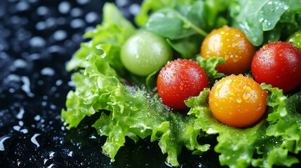 A close-up of vibrant red, yellow, and green tomatoes resting on crisp leafy greens with glistening water droplets highlighting the chaos of nature's colors and textures

