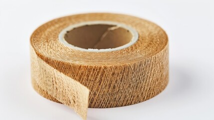 Close-up of a roll of natural fiber tape, showing texture and detail.