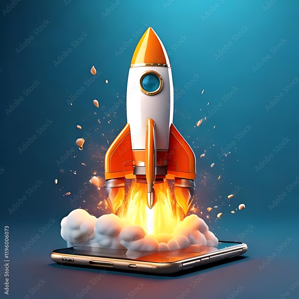 Poster a startup launch icon with a rocket represents a mobile app launch.