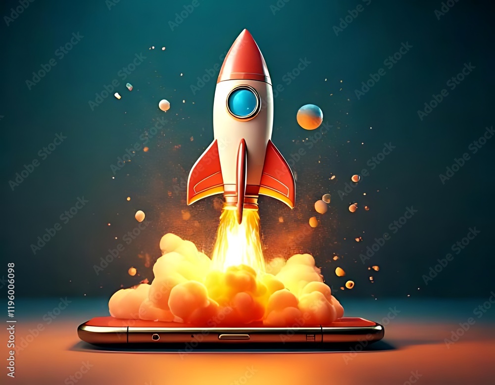 Aufkleber a startup launch icon with a rocket represents a mobile app launch.
