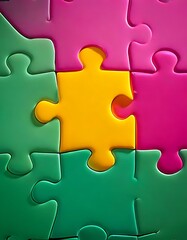 Obraz premium A yellow puzzle piece is centrally located within a colored jigsaw puzzle.