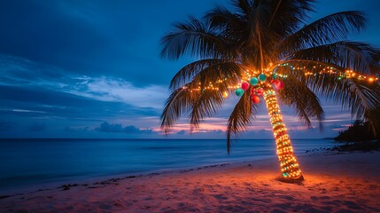 Tropical Christmas beach sunset; palm tree lights