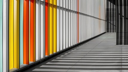 Abstract Architectural Design with Colorful Glass Panels and Striking Shadow Patterns.