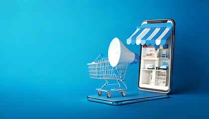 Online marketing concept with smartphone, store and megaphone on blue background.