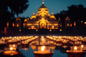 Candles Floating on Water at Dusk with Temple in Background