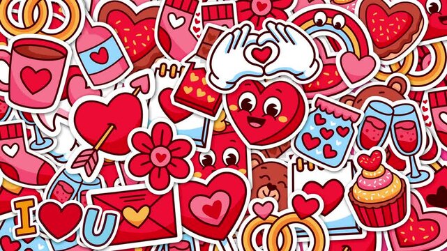 4k animation of a background with love and romantic stickers moving. Concept valentine's day, anniversary, mother's day, marriage, invitation e-card.
