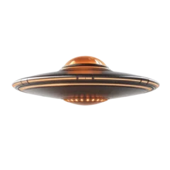 Poster Futuristic Spaceship Design, Silver and Orange ufo glow alien craft isolated on transparent background, png