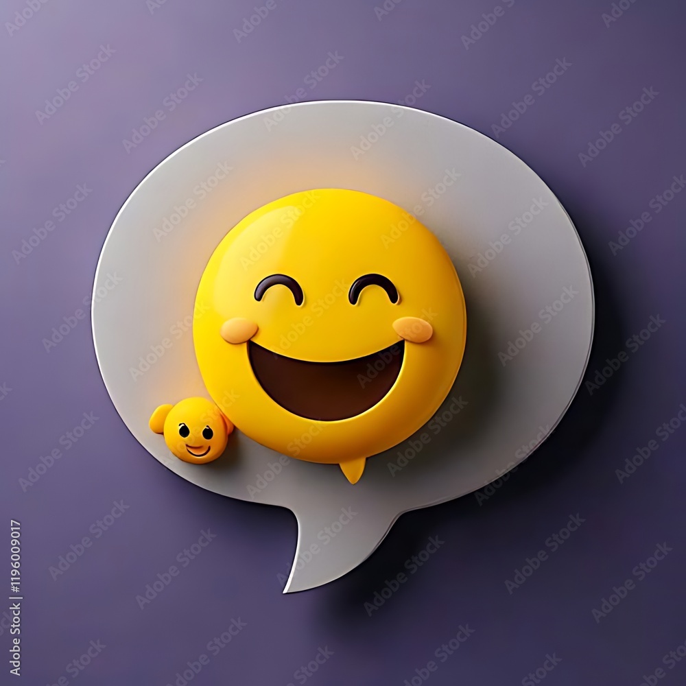 Poster yellow speech bubble with smiling emoji characters on the side.