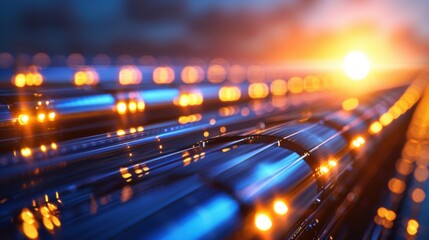 Obraz premium A vibrant scene featuring illuminated metallic pipes, bathed in warm light, creating a dynamic interplay of colors and reflections.