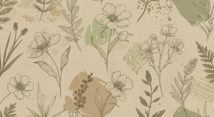 Elegant Floral Line Art Pattern with Botanical Leaves and Abstract Shapes