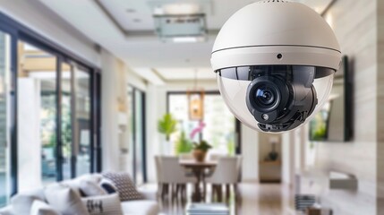 A modern security camera hangs in a stylish living room, blending technology with contemporary interior design elements.