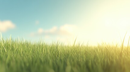 Serene Green Grass Field Under a Sunny Sky.