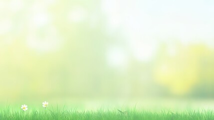 Obraz premium Serene Spring Meadow Soft Green Grass and Delicate Wildflowers.