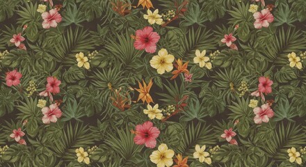 Tropical Floral Seamless Pattern with Hibiscus Flowers and Palm Leaves