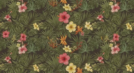 Fototapete Rund Tropical Floral Seamless Pattern with Hibiscus Flowers and Palm Leaves © Kamal