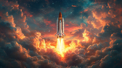 A modern sleek space shuttle or missile launches through dark clouds, symbolizing power, ambition, and technological breakthrough, cutting through the chaos with a sense of determination against a dra