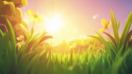 Obraz premium Serene Sunrise Meadow Vibrant Yellow Flowers and Lush Green Grass.